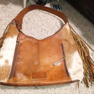 American Darling Brown and White Leather Fringe Bag